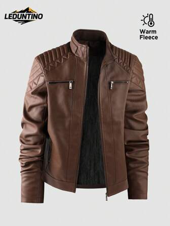 LEDUNTINO Men Fashion Zip Up Casual Outdoor Thick Fleece Biker Leather Jacket, Sports, Solid, Bomber,Boyfriend Gift, Men's Winter Fall Stand Collar,Motorcycle, Shoulder Texture, Windproof, Windbreaker Leather Jacket Spring Autumn Coat Men