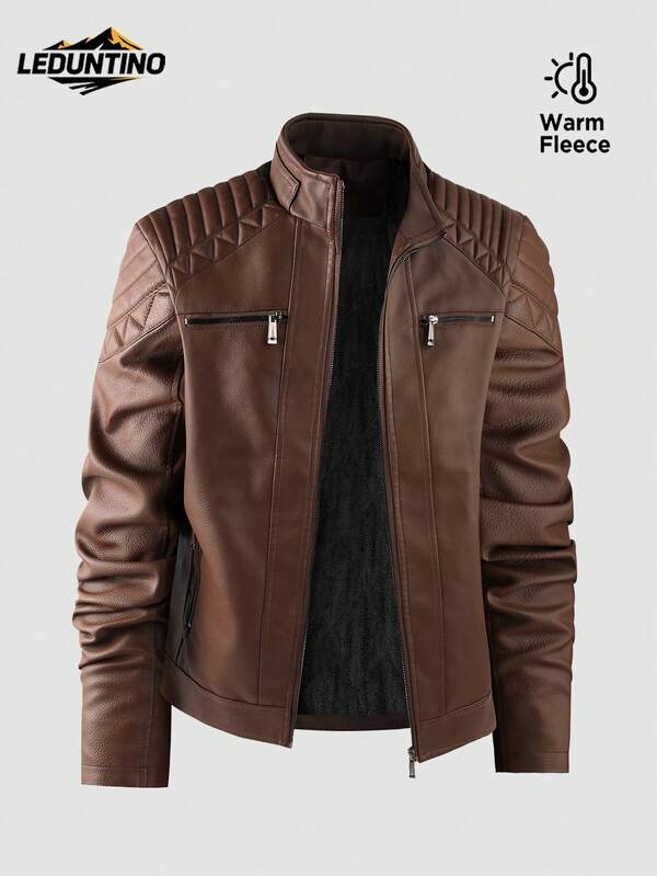 LEDUNTINO Męska modna kurtka z zamkiem błyskawicznym, swobodna, zewnętrzna, gruba, polarowa, motocyklowa, skórzana, sportowa, jednolita, bomberka, prezent dla chłopaka, męska zimowa, jesienna, stójka, motocykl, faktura na ramionach, wiatroszczelna, skórzana kurtka wiatrówka, wiosenno-jesienna, męska