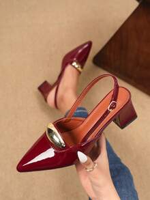Women's Metallic Buckle Fashion Mule Shoes, Slingback With Strap, Comfortable Slingback Red High Heels - Burgundy - View 1