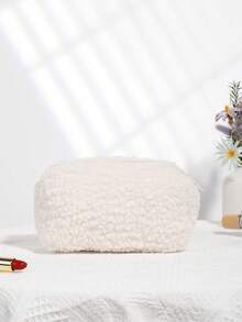 1 件可爱时尚仿羊毛化妆包、储物袋、铅笔盒、手拿包，适合学校用品、学校用品 - 米色 - 查看 2