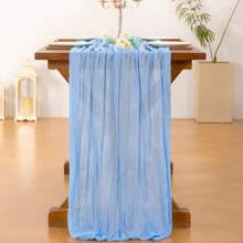 1pc Light Blue Cheese Cloth Table Runner, Bohemian Sheer Fabric Tablecloth, Rustic Transparent Tablecloth For Wedding, Birthday, Baby Shower Party, Bohemian Dining Table Decor