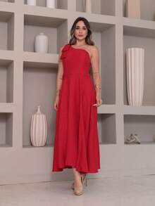 Victoria Luxury Duna Linen Midi Dress With One Shoulder Bow - Red - View 2