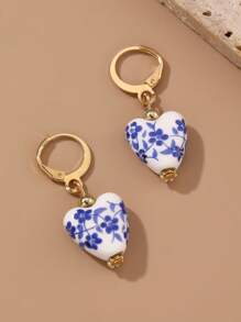 1 Pair Vintage Handpainted Blue And White Porcelain Beaded Earrings, Elegant Dangle Earrings For Women