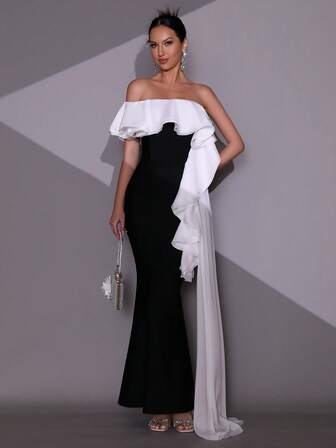 Modphy New Ruffle Ruffle Trim Bodycon Long Bandage Dress, Elegant Wedding Party Holiday Cocktail Gown, Formal, For Evening, Wedding Guest