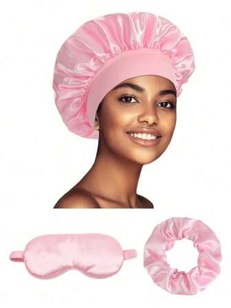 3pcs Set: Satin Sleep Cap + Silk Eye Mask + Wide Headband, Women Sleeping Cap/Hat, Shower Cap, Silk Sleep Mask, Comfortable Hair Band (Pink)