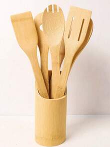 1/5pcs Bamboo Cooking Spoon Set, Long Handle High Heat Resistant Non-Stick Cookware Strainer Ladle - Yellow - View 10