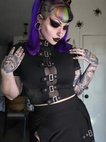 Plus Size Gothic Mesh Sweater 2025 - Women's Black Punk Top With Belt Buckle Detail & Lace-Up Corset Style (0X-5X)