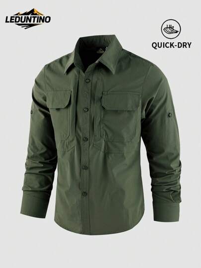 LEDUNTINO [Primavera/Verano] Camisa casual de exterior con botones para hombre, verde sólido, deportiva, de cargo, de secado rápido, regalo para el novio, camisa de manga larga para hombre para primavera y otoño, de múltiples bolsillos, elástica, con cuello y bolsillo con cremallera, prendas de primavera y otoño para hombre