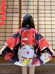 Vintage Japanese Kimono Inspired Cute Girl's School Style Beckoning Cat Print Kimono Cover Up, Summer Beach Holiday Bikini Coverup & Sun Protection - Black - View 5