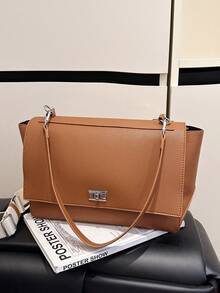New Simple Solid Color Large Capacity Briefcase, Korean Fashion Shoulder Casual Messenger Bag - Brown - View 2