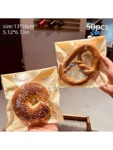 50个1套透明自粘卡通图案面包袋随机包装袋一次性食品包装袋耐油牛皮纸袋吐司袋甜甜圈贝果袋 - 動物表情袋50pcs - 查看 10