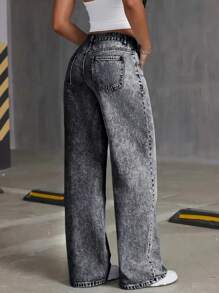 Fashionable Washed Distressed Wide Leg Jeans For Teens