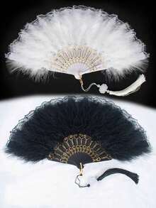 1 pieza Abanico de plumas vintage, abanico plegable retro de los años 20 para disfraces, actuaciones de baile, fiestas de té, bodas, decoración - Blanco - Ver 6