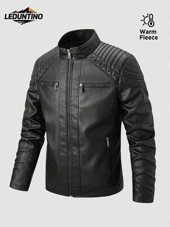 LEDUNTINO Herrmode Dragkedja Casual Outdoor Tjock Fleece Motorcykel Läderjacka, Sportig Stil, Enfärgad, Bomberjacka, Pojkvänpresent, Herr Höst/Vinter Standkrage, Motorcykelstil, Texturerade Axlar, Vindtät, Vindjacka Läderjacka Vår/Höstkappa