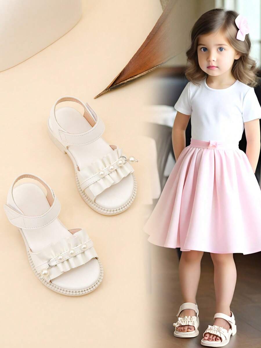 1 Pair Cute Girls' Outdoor Hook And Loop Flat Sandals, Fashionable For Spring/Summer - White - View 1