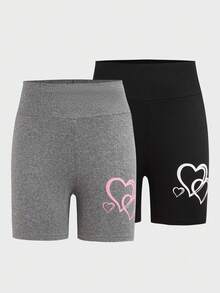 2pcs/Set Girls Heart Print Casual Shorts