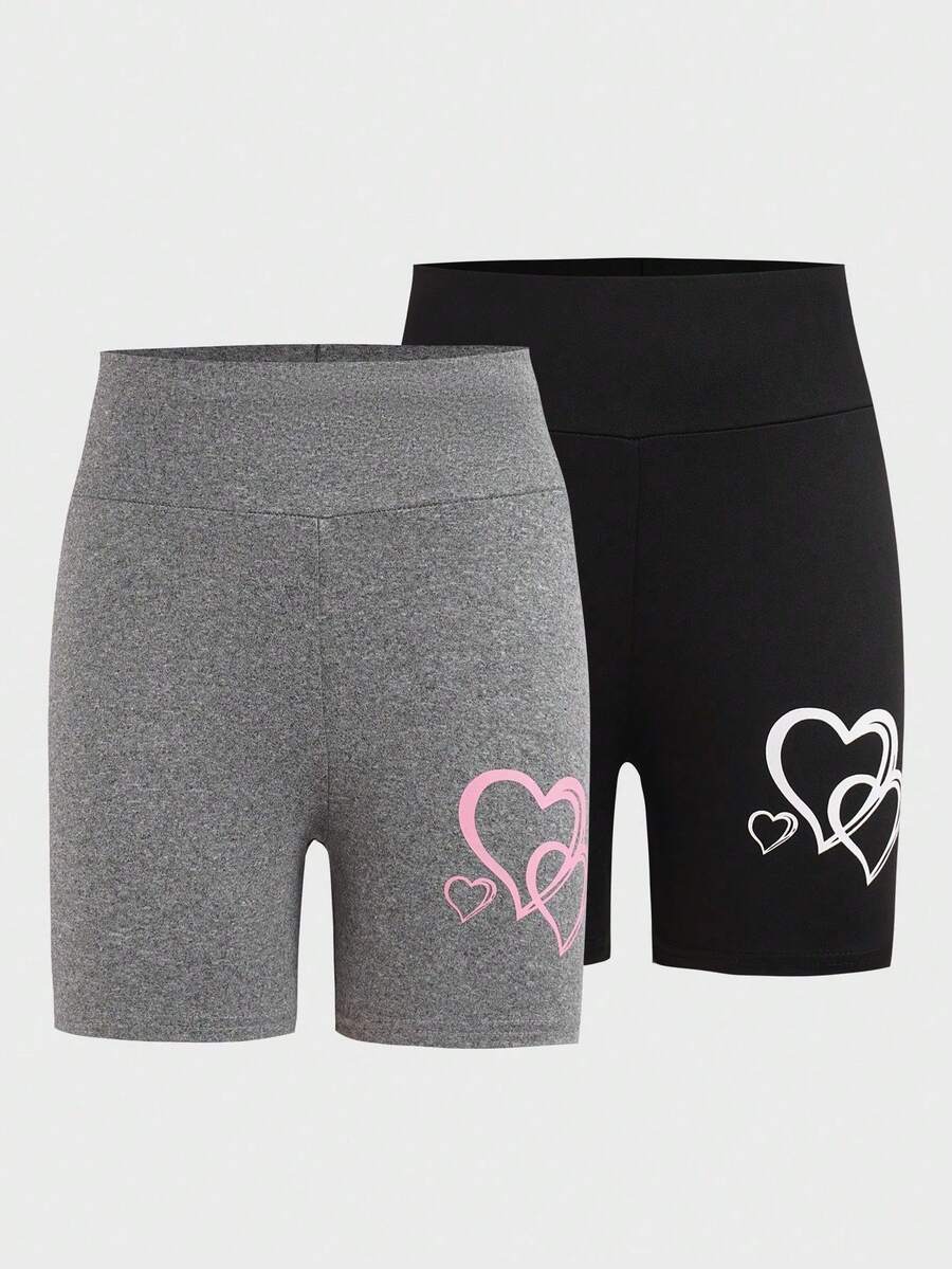 2pcs/Set Girls Heart Print Casual Shorts