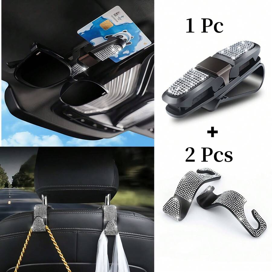 3 peças Brilho em Estilo: Clipe para Óculos de Sol com Viseira de Carro + Gancho de Carro com Cravejado de Diamantes e Clipe para Bilhetes, Pegada Segura para Dirigir, Compatível com Vários Estilos de Óculos, Acessório Seguro para Dirigir | Suporte de Óculos Elegante | Design Moderno e Elegante - Para Mulheres e Homens - Perfeito para Dirigir e Uso Diário - Ótimo Presente para Entusiastas de Carros