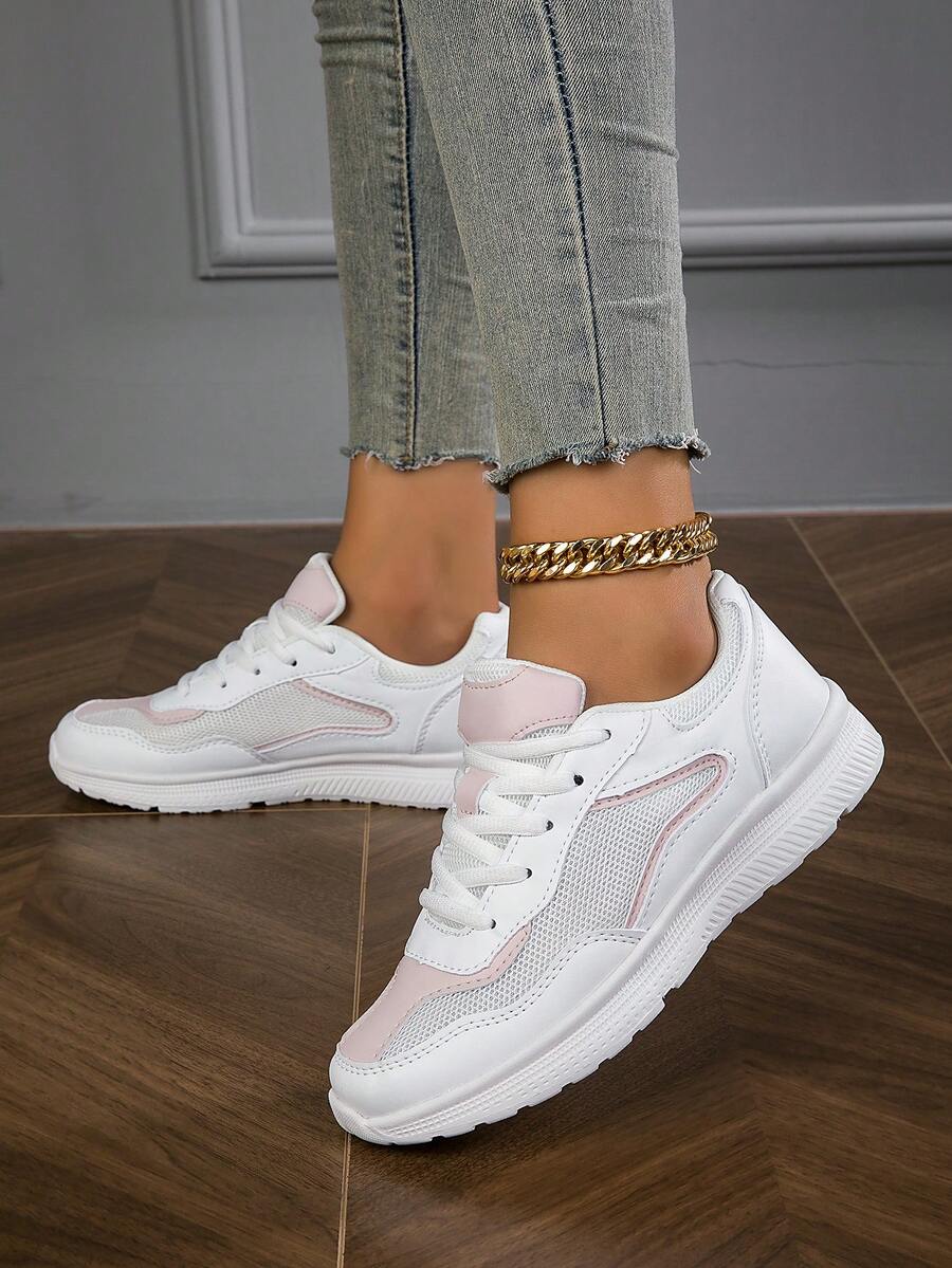 New Thick-Soled Fully Black Chunky Sneakers, Women's Mesh Breathable Versatile Casual Shoes, Fashionable Comfortable Walking Shoes, Soft Cushioned Anti-Slip Anti-Odor Running Shoes, Durable - White Powder - View 1