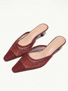 Summer New Fashion French Style High Heel Pointed Toe Crystal Rhinestone Mesh Slip-On Mule Sandals - Burgundy - View 5