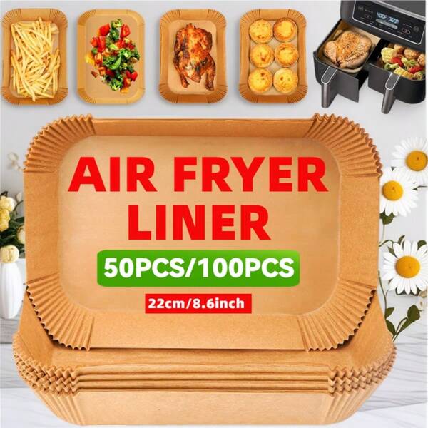 50/100 Packs Air Fryer Parchment Paper | 22x14cm Non-Stick, Heat-Resistant Baking Sheets For Dual Basket Air Fryers | Disposable Liners (Rectangular)