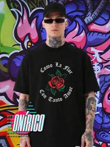 Playera oversize Como la flor Selena  Letras  Rosa  Floral    Algodón      playera impresa    primavera verano - Negro - Ver 1