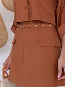 Elegant Marrant Set | Three-Quarter Sleeve Shirt And Sophisticated Skirt Shorts | With Belt - 棕色 - 查看 4