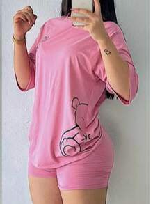 Conjunto de 2 piezas comodo camiseta amplia estampada y short ajustado - Rosa - Ver 3