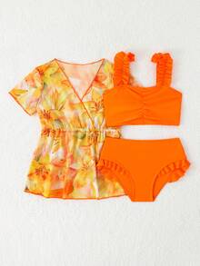 Komplet kąpielowy dla młodej dziewczyny w jednolitym kolorze z falbanką i krótkim kimonem z nadrukiem kwiatowym - Żółty - Zobacz 2