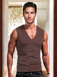 Playera Basica de Escote V con Hombros Descubiertos para Hombre - Café integral - Ver 2