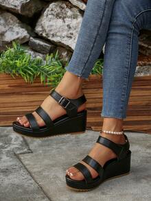 Women's Strap Buckle Decor Round Toe Thick Platform Wedge Sandals, Fashionable And Casual - Black - View 3
