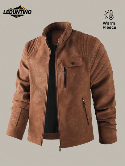 LEDUNTINO Jaqueta de Couro Casual com Zíper Masculina para Uso Externo, Esportes, Sólida, Presente para Marido ou Namorado, Jaqueta de Couro Corta-Vento Masculina para Primavera e Outono, Gola Reta, Multi-Bolsos, Motocicleta, Jaqueta de Couro Masculina para Primavera e Outono, Forro de Fleece, Inverno