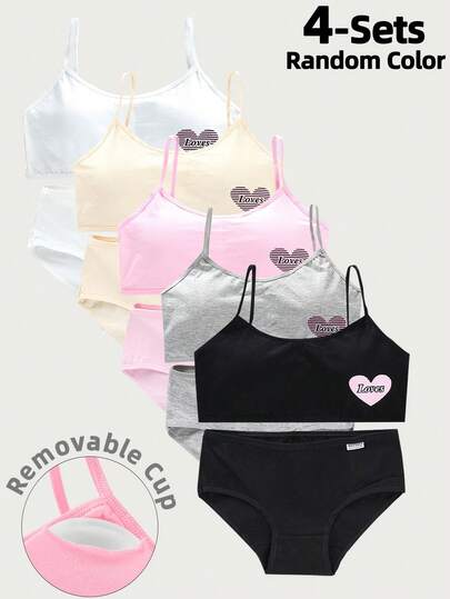 4 Sets Of Mixed Color Girls Puberty Training Bra Crop Top + Panty 2 Pieces Set, Comfortable Underwear Set For Tween Girls Spring/Summer