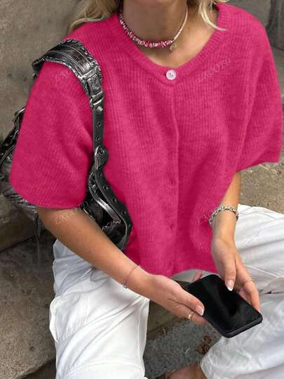 Women Casual Solid Short Sleeve Knit Cardigan, Simple Stylish "Back To School" Old Money Streetwear For 2025