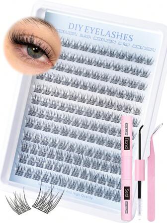 144 件 D 卷自然睫毛延长套装 168 件睫毛簇套装 纤细睫毛延长 8-16 毫米单根睫毛延长套装 含粘合和密封睫毛胶水和睫毛延长镊子 在家 DIY