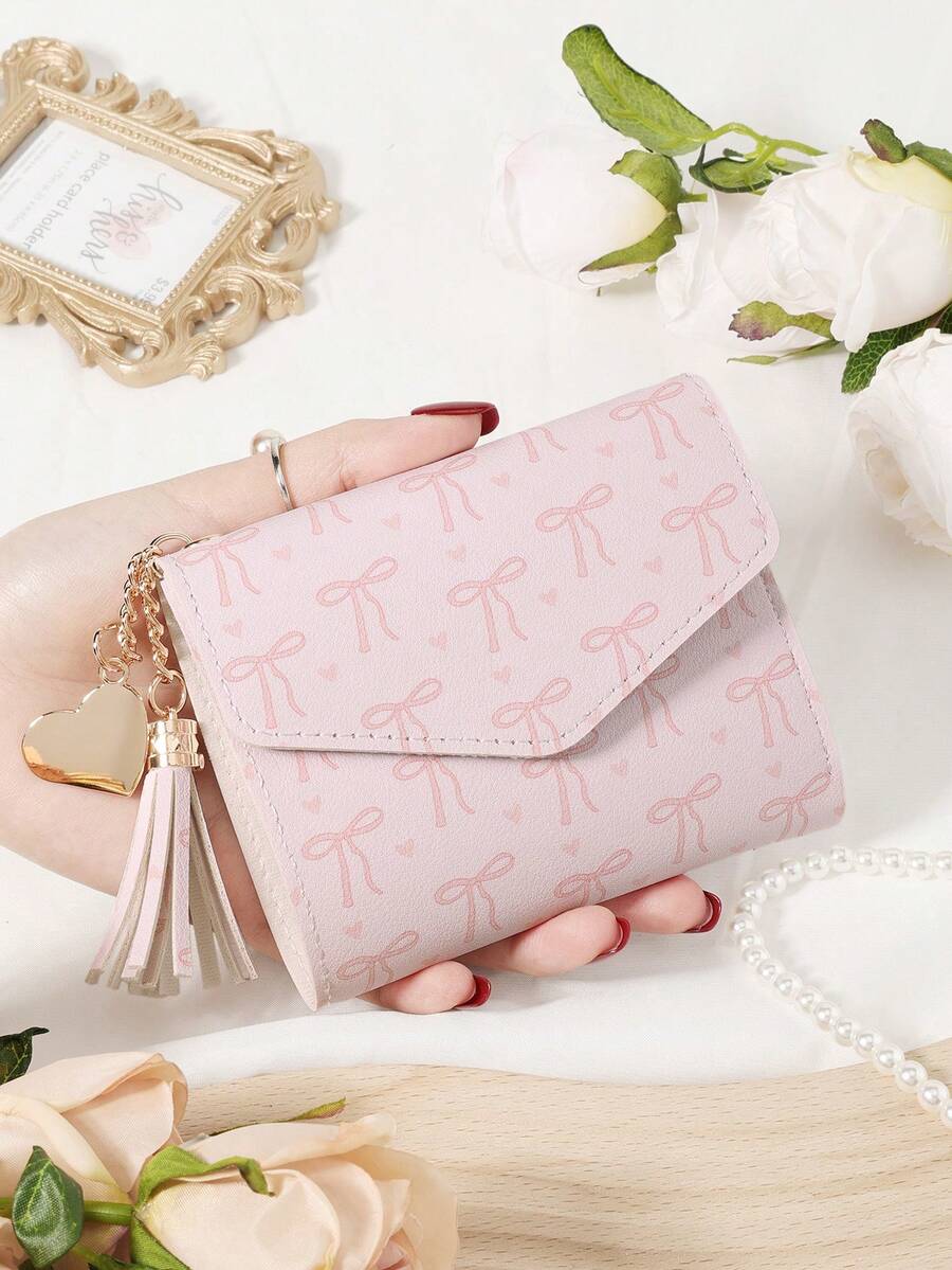 Pink Bow Love Pattern Bag,Small Wallet Coin Pocket Small Wallet Double Fold Women's Wallet Mini, Women's Fashionable Wallet, With Multiple Card Slots And ID Card Window, Very Suitable For Outdoor, Travel And Returning To School