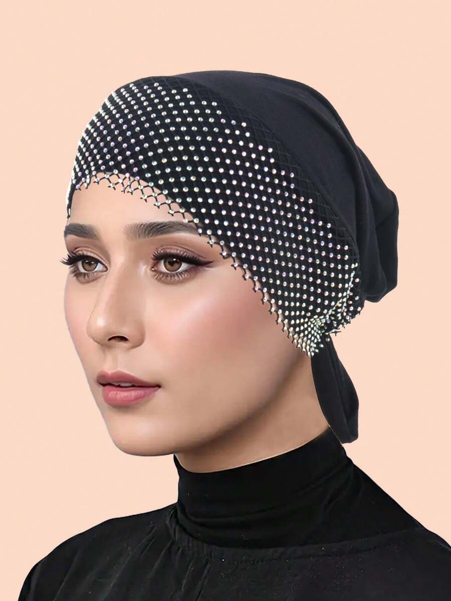 1pc Lace Trim Tie-Up Beanie, Minimalist & Versatile - Net Drill Black - View 1