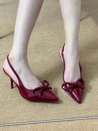 2025 Spring/Summer New Pointed Toe Kitten Heel Shoes, Orange Color Block Bowknot Backless Strap Sandals, Elegant Dress Shoes For Commute, Party, Vacation
