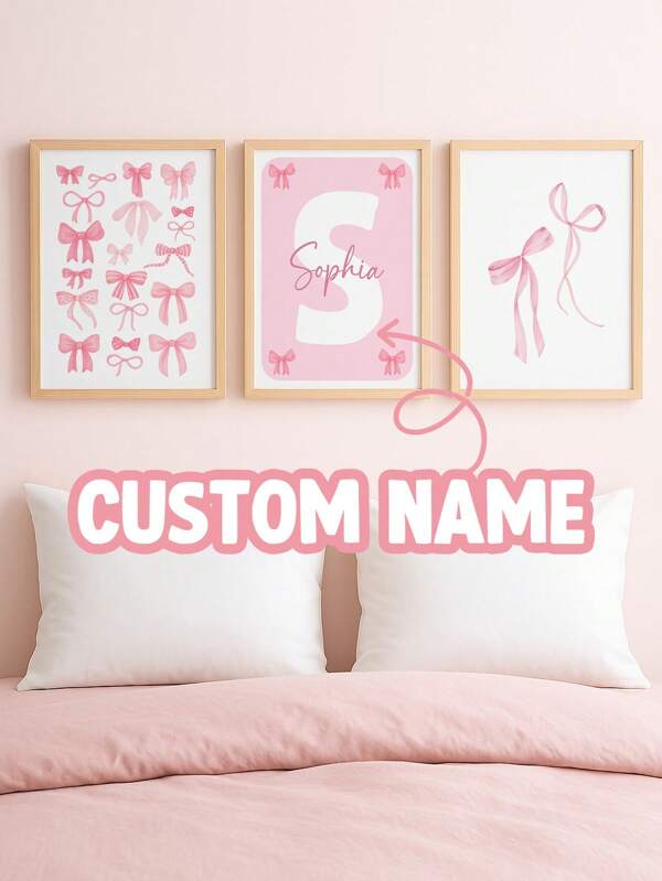 3 pièces Personnalisé sans cadre Nom Art, Mignon Nœud Papillon Décoration murale en canevas, Affiches personnalisées pour chambre de fille, Art de chambre de bébé sans cadre, Art mural rose esthétique, Cadeau unique pour les enfants retour à l'école, Multifonctionnel, Ornemental, Lettre, Élégant, Moderne, Coloré, Mignon, Adorable, Décontracté, Personnalisé, Unique, Idéal pour lui, Idéal pour elle