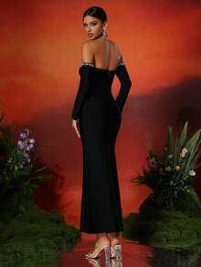 Love Aing 女士性感露肩长袖水钻鱼尾网眼拼接绷带派对优雅连衣裙、婚礼宾客礼服、舞会礼服 - 黑色 - 查看 10