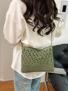 夏季时尚百搭休闲手工编织大容量单肩沙滩草编斜挎包，最热沙滩包 - 綠色 - 查看 6