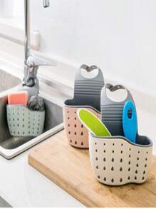 Panier à évier réglable avec trous de drainage, tapis en caoutchouc pour l'hygiène, étui de protection en plastique, pas facilement endommagé. Rangement de cuisine pour éponge et laine d'acier. Étagère de rangement pour salle de bain pour brosses à dents et savon. Outils de rangement pratiques