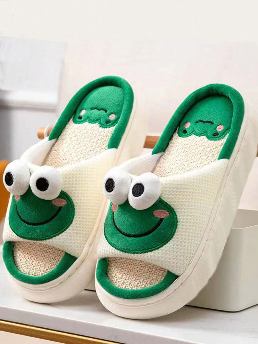 1 par de pantuflas planas y cómodas de lino y estampado de dibujos animados, antideslizantes, unisex, para todo el año