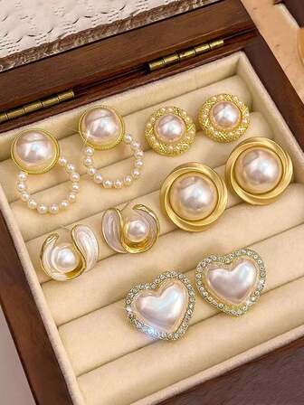 5 件套经典几何心形珍珠镶嵌水钻耳环，时尚个性化珠宝适合女性日常和节日佩戴