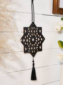 1 pieza Decoración colgante de forma de luna hueca hexagonal/octogonal de madera negra con borla negra, ornamentos colgantes creativos modernos de madera negra, disponible en varios estilos, adecuado para fiestas, decoración de pared, regalos decorativos, hogar, accesorios de arte