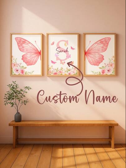 3pcs Frameless Personalized Custom Name Wall Art, Elegant Butterfly And Floral Design Canvas Prints, Customizable Kids Room Decor, Nursery Art, Aesthetic Pink Wall Posters, Unique Gift For Girls, Perfect For Birthdays,Multi-Functional,Ornamental,Letter,Stylish,Modern,Colorful,Cute,Adorable,Casual,Custom,Personalised,Unique,Customized,Ideal Gifts For Him,Ideal Gifts For Her
