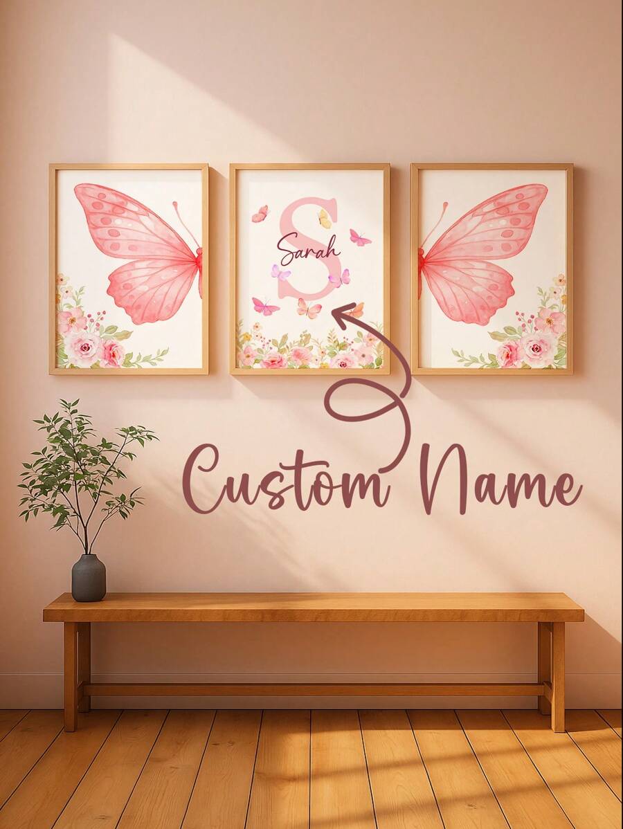 3pcs Frameless Personalized Custom Name Wall Art, Elegant Butterfly And Floral Design Canvas Prints, Customizable Kids Room Decor, Nursery Art, Aesthetic Pink Wall Posters, Unique Gift For Girls, Perfect For Birthdays,Multi-Functional,Ornamental,Letter,Stylish,Modern,Colorful,Cute,Adorable,Casual,Custom,Personalised,Unique,Customized,Ideal Gifts For Him,Ideal Gifts For Her