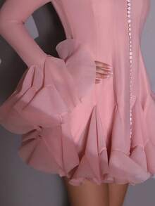 Modphy New Elegant Women's Long Button Asymmetric Floral Patchwork Flared Sleeve Slim Fit Mini Dress, Suitable For Wedding Guest, Holiday, Birthday Party, Formal Evening Gala, Carnival, Easter, Prom Dress - Pink - View 9