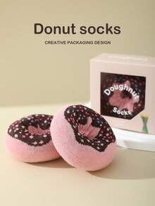 两双装多色中筒袜，男女通用情侣礼盒，柔软甜甜圈设计，创意美食图案，舒适百搭，适合生日、情人节、复活节、斋月、约会、家庭聚会、派对、节日等场合。