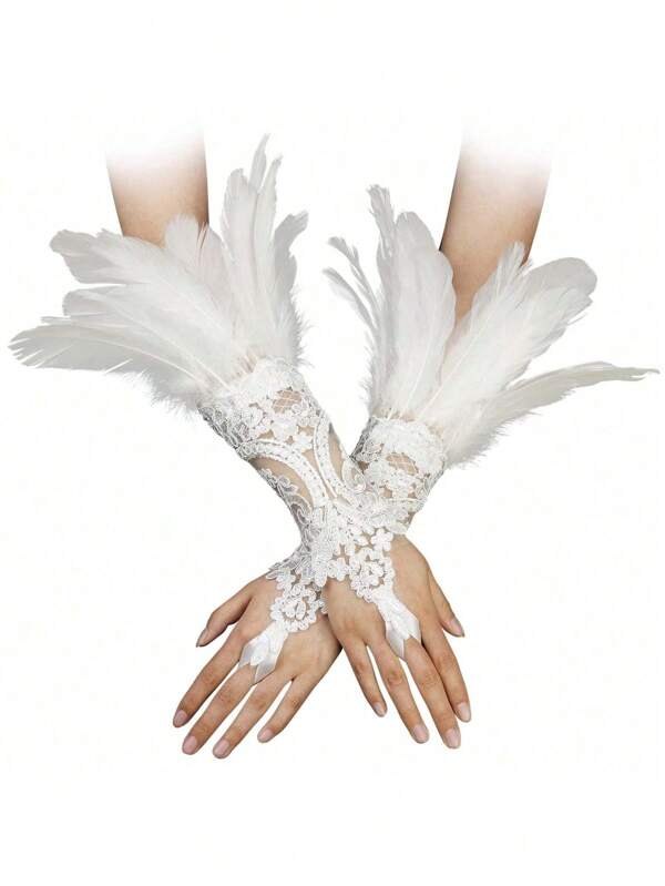 1pc Women's Black Lace Fingerless Feather Gloves, Witch Angel Costume Accessory, Swan Wing Wrist Cuff, Long Sleeve Wrist Cuff, Gothic Style Accessory For Halloween Feather Hook Gloves Halloween Costumes Women